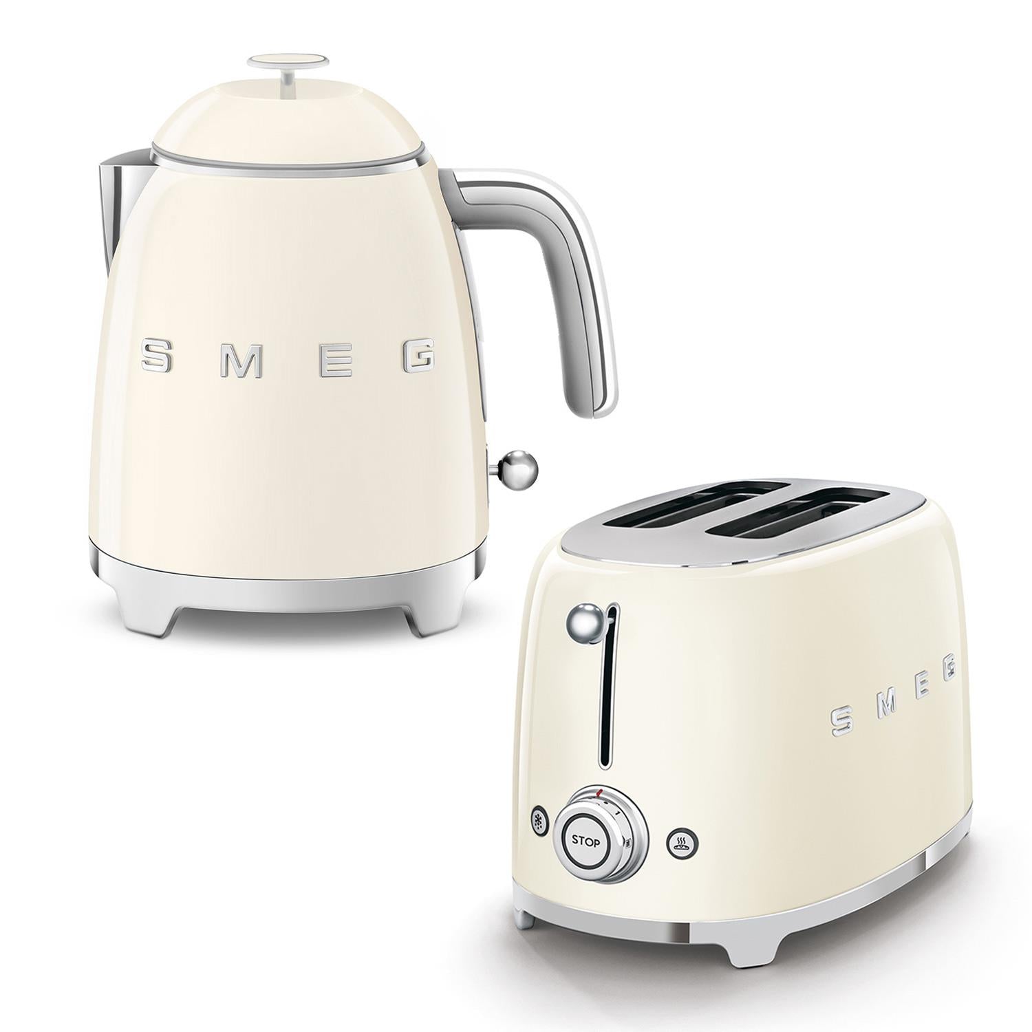 Smeg 2-Slice Toaster & Mini Kettle Set in Cream Kettle and Toaster Bundles Smeg