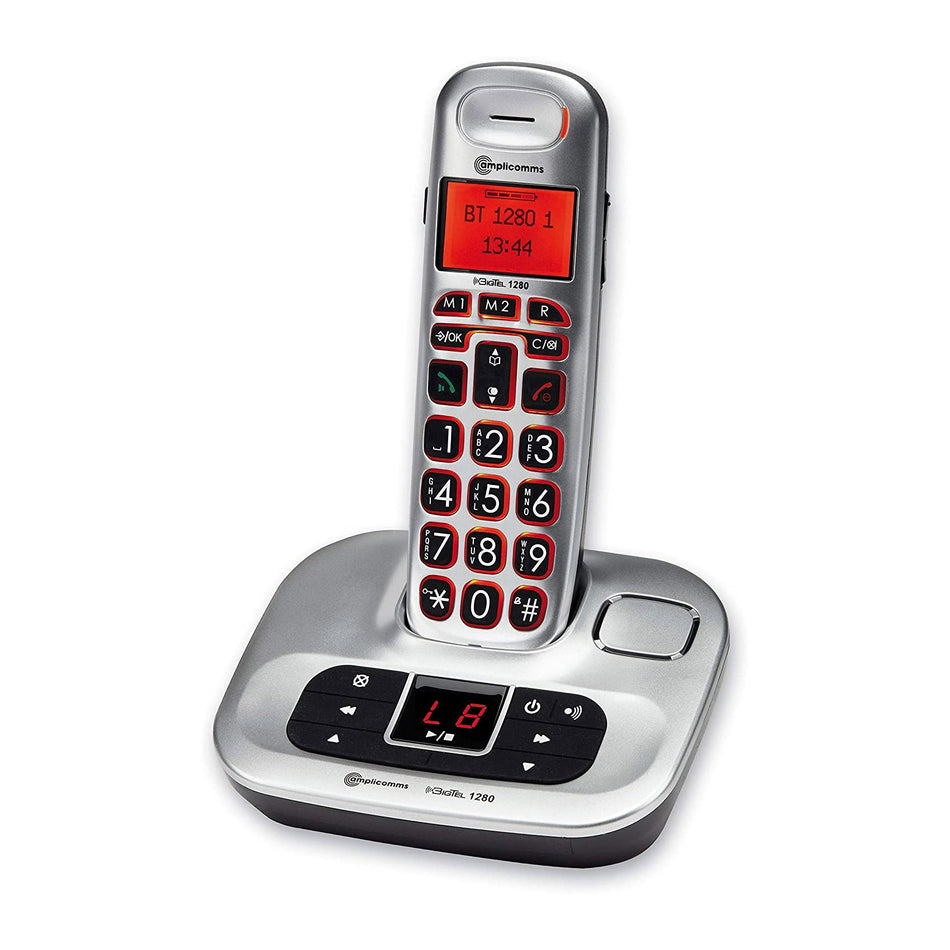Amplicomms BigTel 1280 Big Button Cordless Telephone with Answering Machine, Single Handset Landline Phones Amplicomms