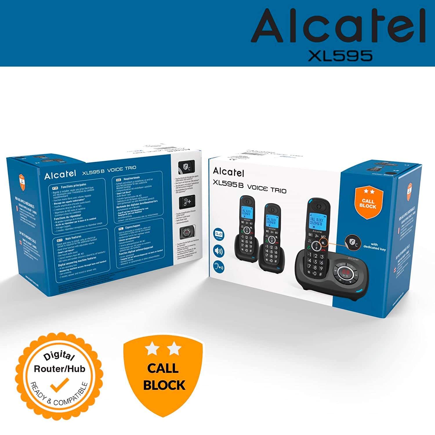 Alcatel XL595 Voice Cordless Phone with Answer Machine, Trio Handset Landline Phones Alcatel