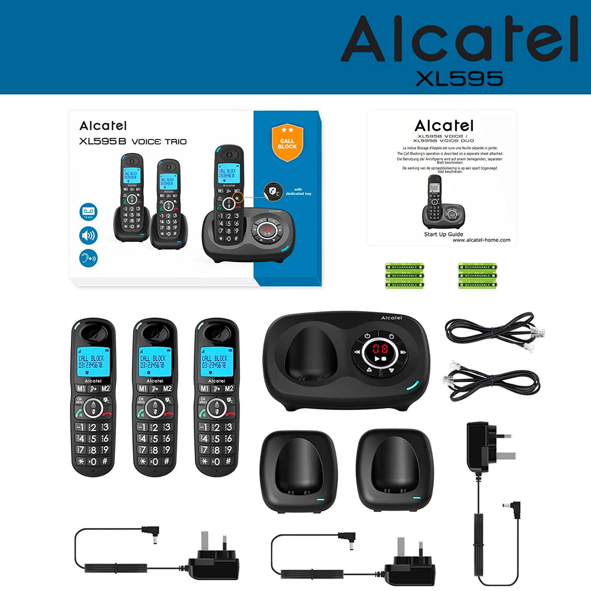 Alcatel XL595 Voice Cordless Phone with Answer Machine, Trio Handset Landline Phones Alcatel