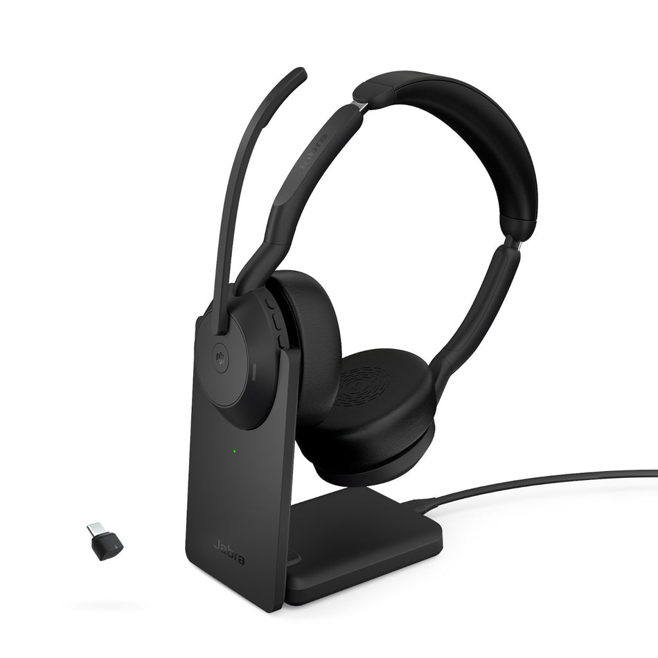 Jabra Evolve2 55 USB-C MS Stereo Wireless headset in Black with Charging Stand
