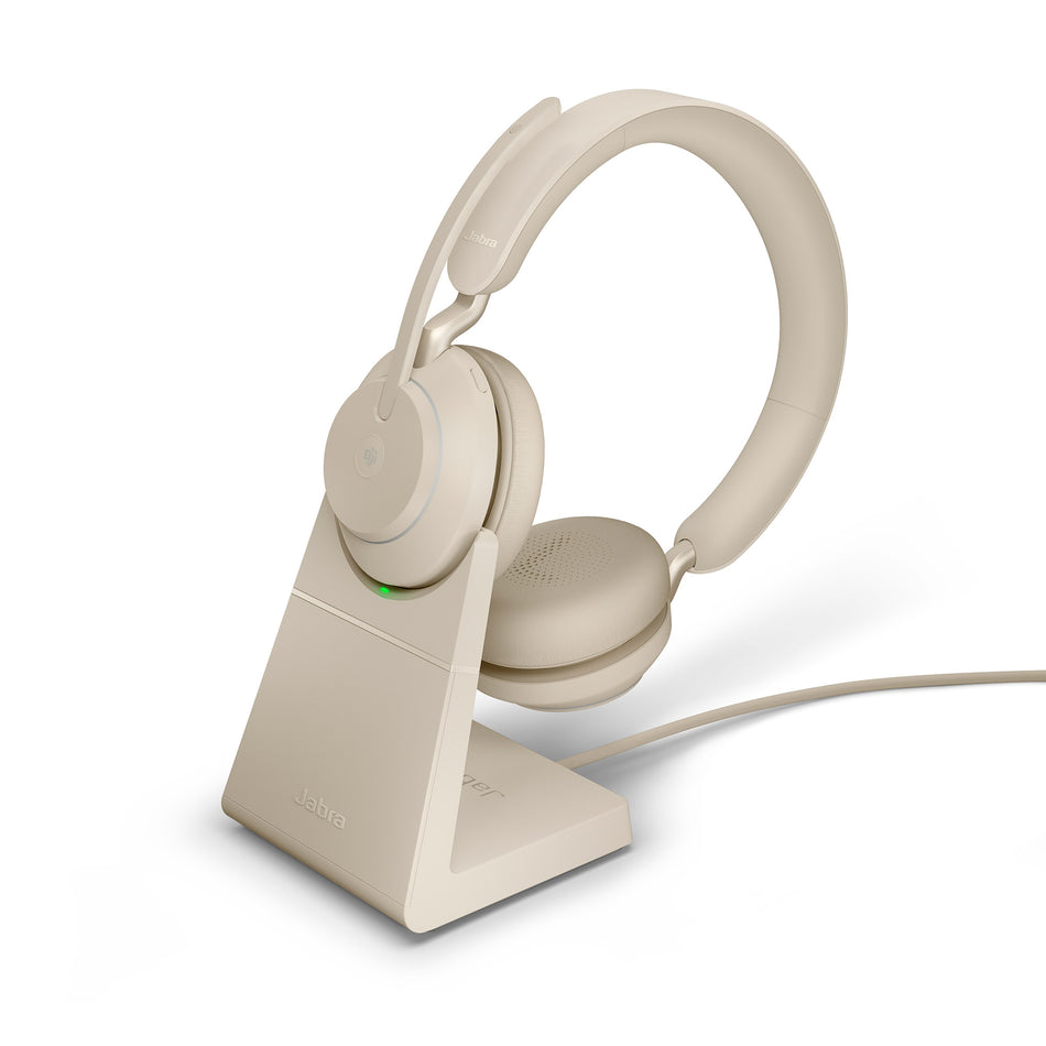 Jabra Evolve2 65 USB-C MS Stereo Wireless Headset in Beige with Desk Stand