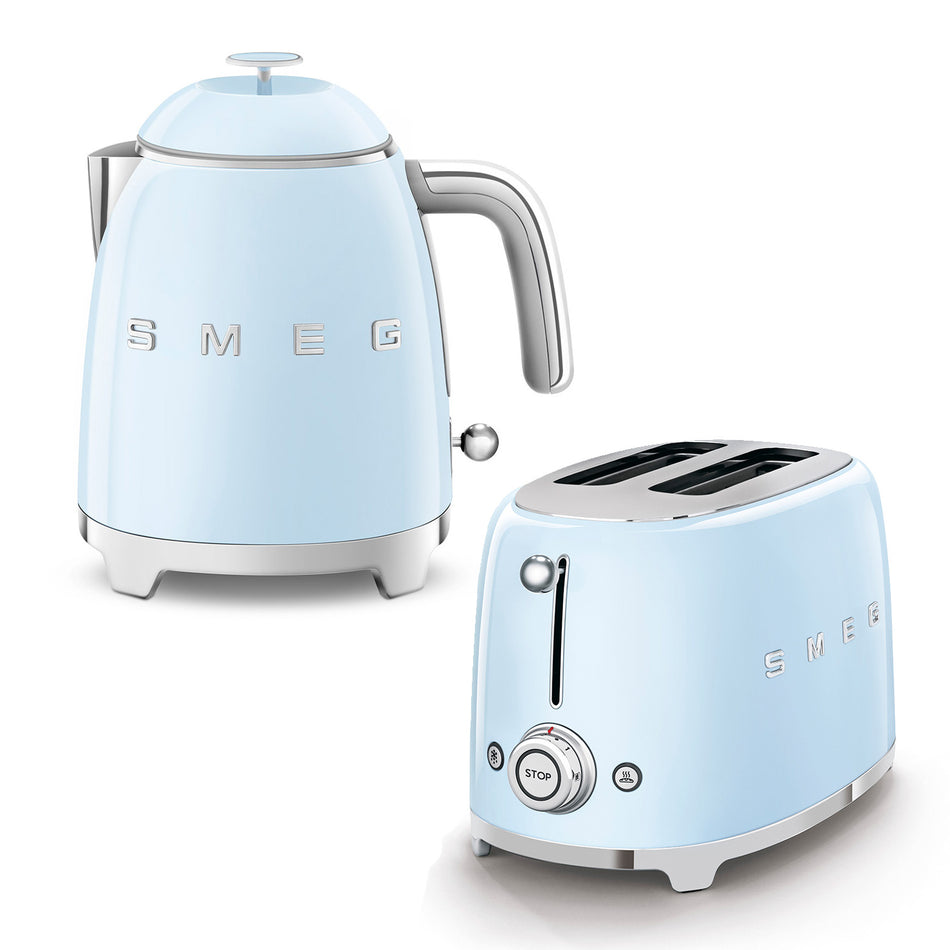 Smeg 2-Slice Toaster & Mini Kettle Set in Pastel Blue