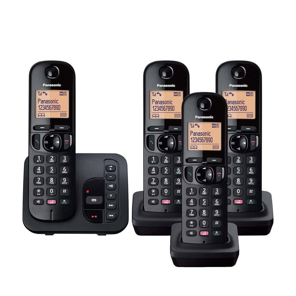 Panasonic KX-TGC264EB Cordless Phone, Four Handsets with Answering Machine Landline Phones Panasonic