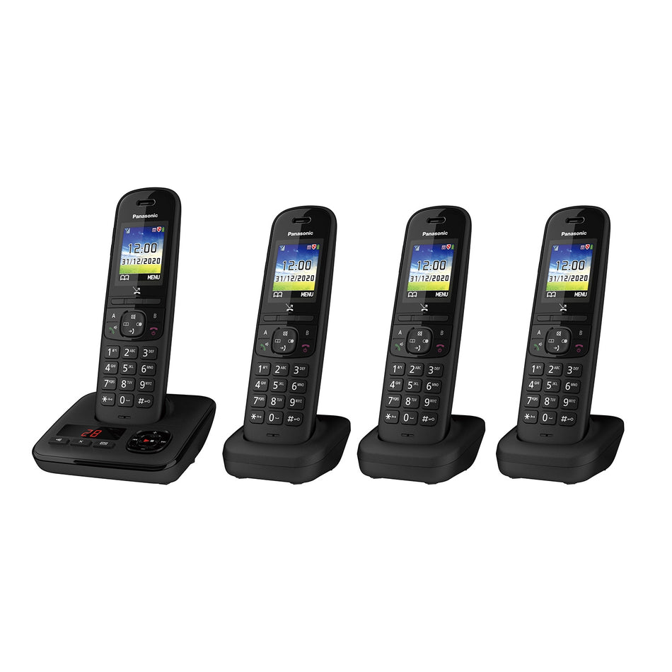 Panasonic KX-TGH724EB Cordless Telephone, Quad Handset with Automated Call Block and Answering Machine Landline Phones Panasonic
