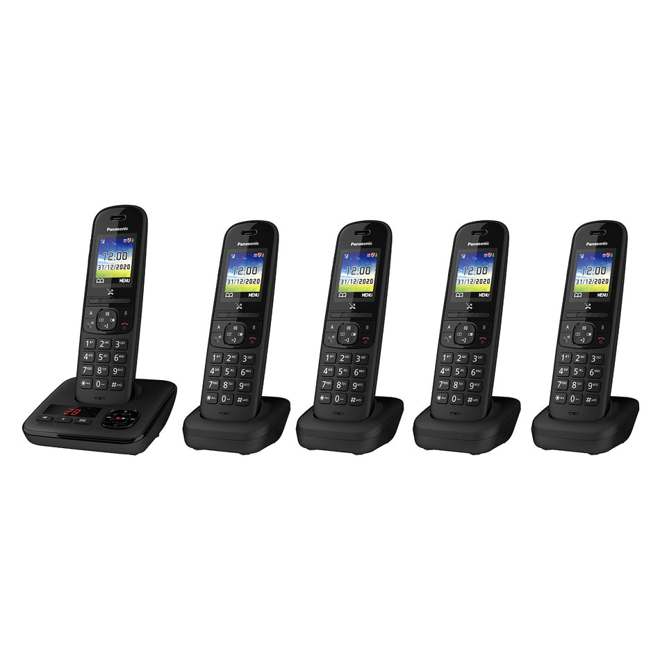 Panasonic KX-TGH725EB Cordless Telephone, Five Handsets with Automated Call Block and Answering Machine Landline Phones Panasonic