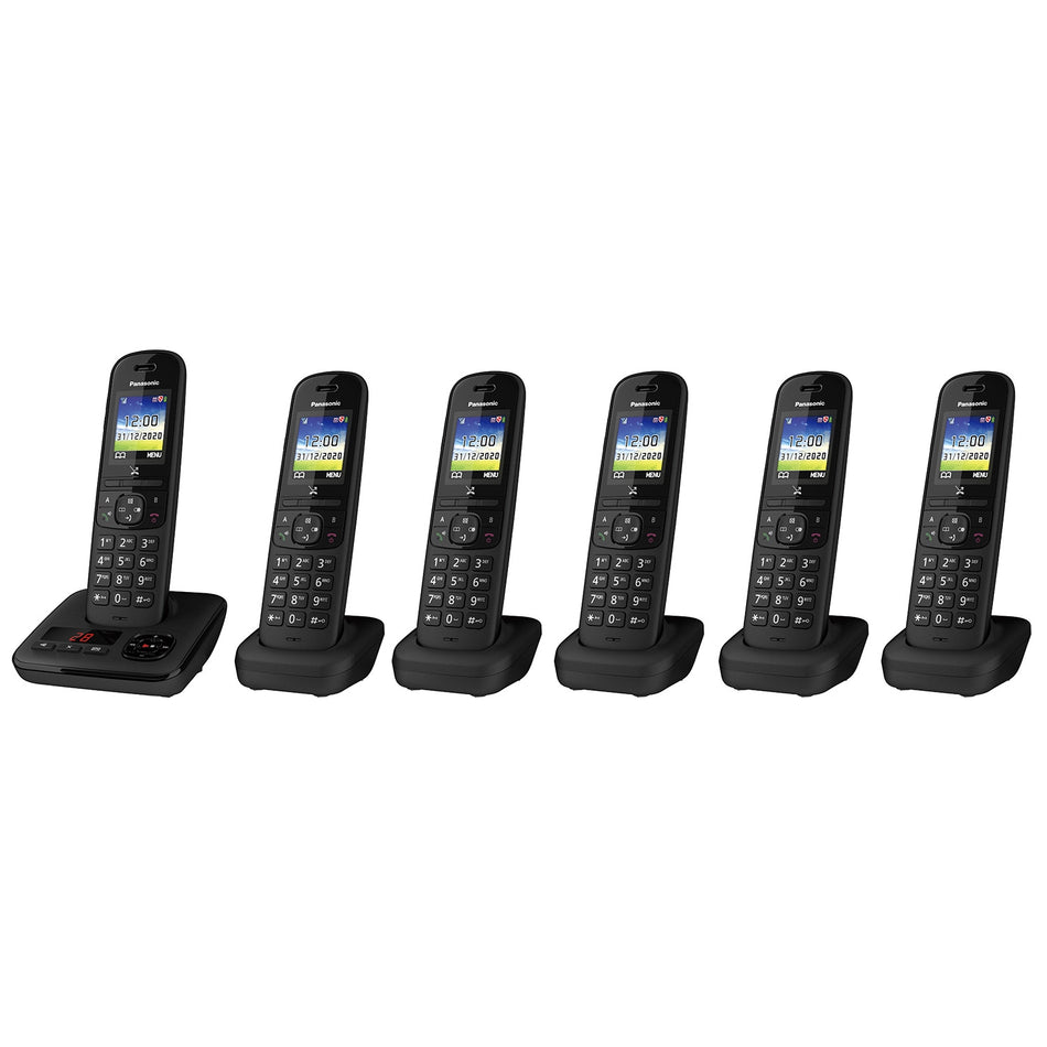 Panasonic KX-TGH726EB Cordless Telephone, Six Handsets with Automated Call Block and Answering Machine Landline Phones Panasonic
