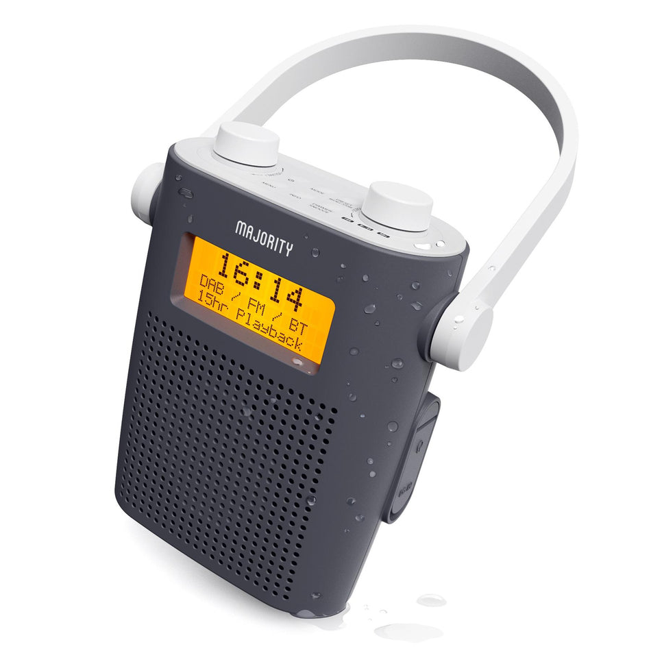 Majority Eversden DAB Water Resistant Portable Shower Radio Bluetooth Mains &  Battery Grey Digital Radios Majority   