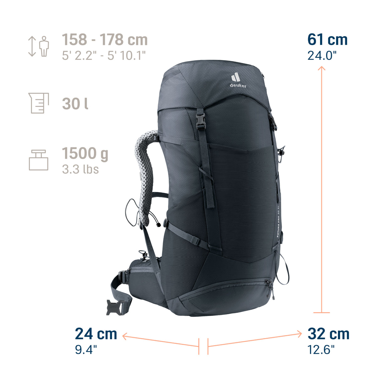 deuter Futura Pro 30 SL Hiking Backpack | Black Camping Accessories deuter