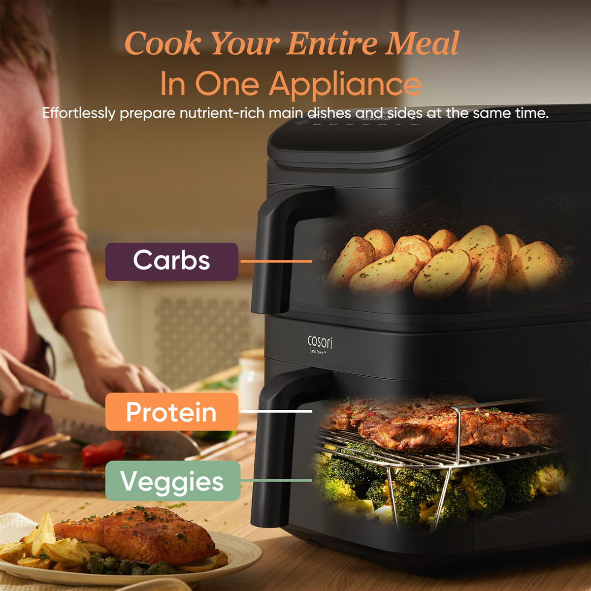 COSORI Turbo Tower 10.8L Air Fryer | Dual Basket, 7-in-1, Space Saving, 7 Settings Air Fryers Cosori