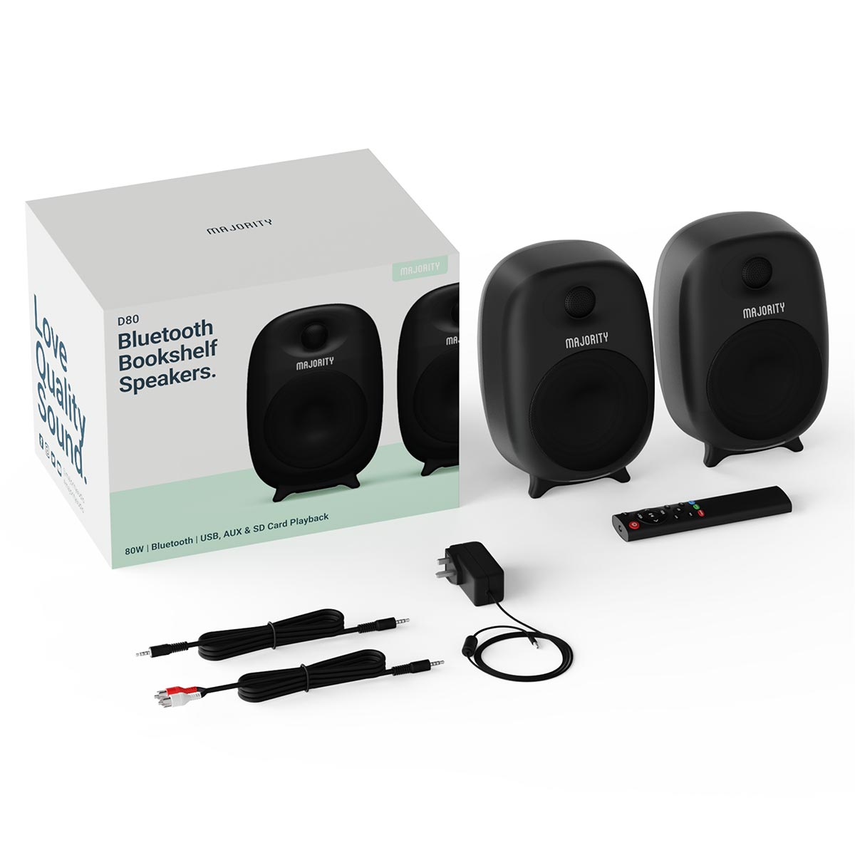 Majority D80 Bookshelf Speakers 80W HDMI ARC USB AUX OPT SPK OUT Remote Control 3.5mm Speakers Majority