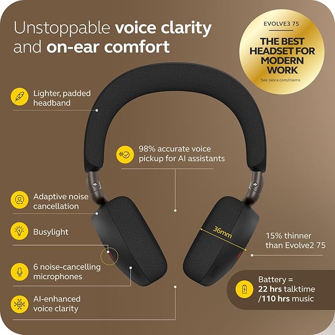 Jabra Evolve3 75 MS Stereo, Link 390 USB-C, Black, with Wireless Charging pad Wireless Headsets Jabra