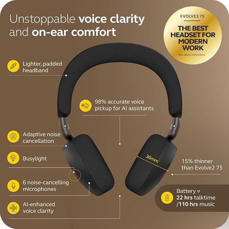 Jabra Evolve3 75 UC Stereo, Link 390 USB-C, Black Wireless Headsets Jabra