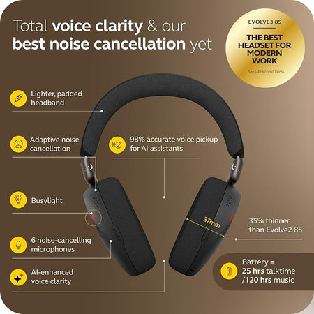 Jabra Evolve3 85 MS Stereo, Link 390 USB-C, Black, with Wireless Charging pad Wireless Headsets Jabra