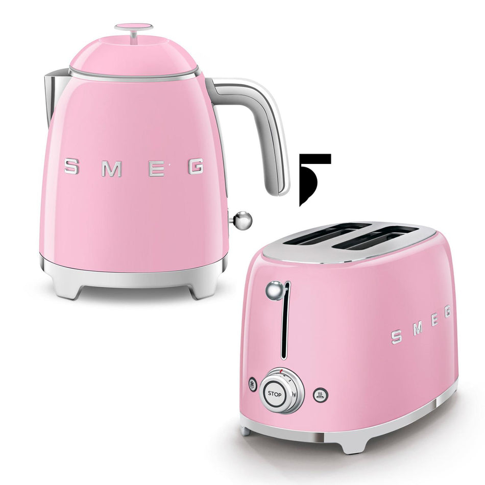 Smeg 2-Slice Toaster & Mini Kettle Set in Pink Kettle and Toaster Bundles Smeg   