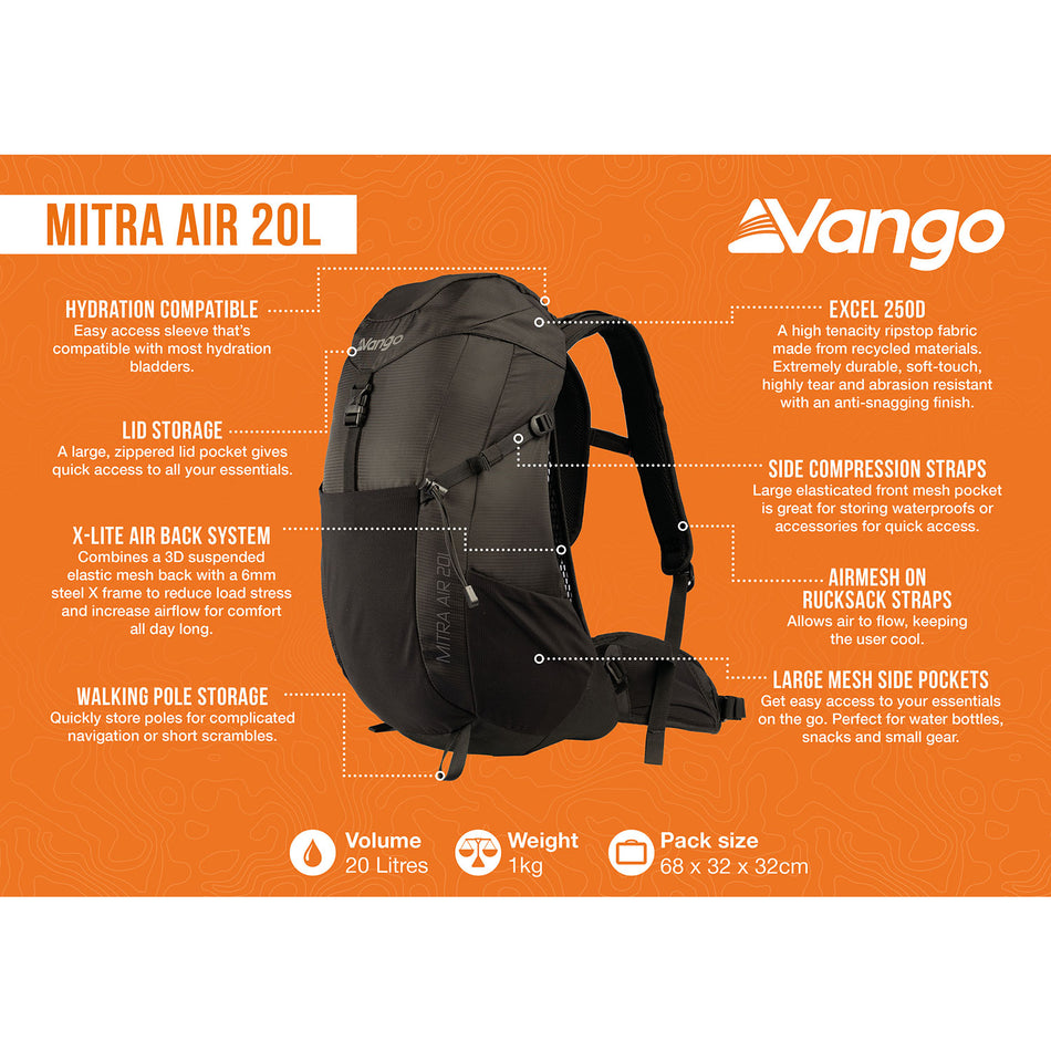 Vango Mitra Air 20L Rucksack - Black Camping Accessories Vango