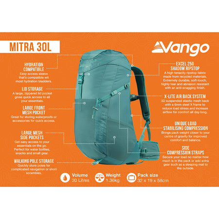 Vango Mitra Air 30L Rucksack - Everglade Camping Accessories Vango