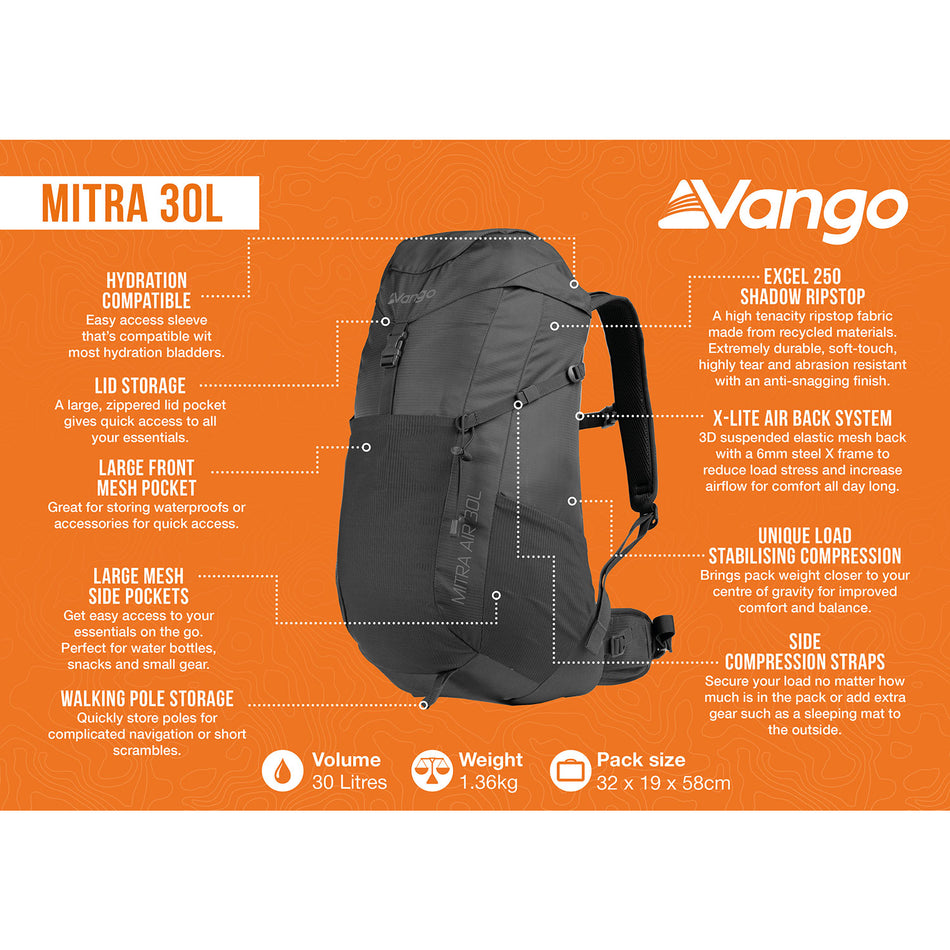 Vango Mitra Air 30L Rucksack - Black Camping Accessories Vango