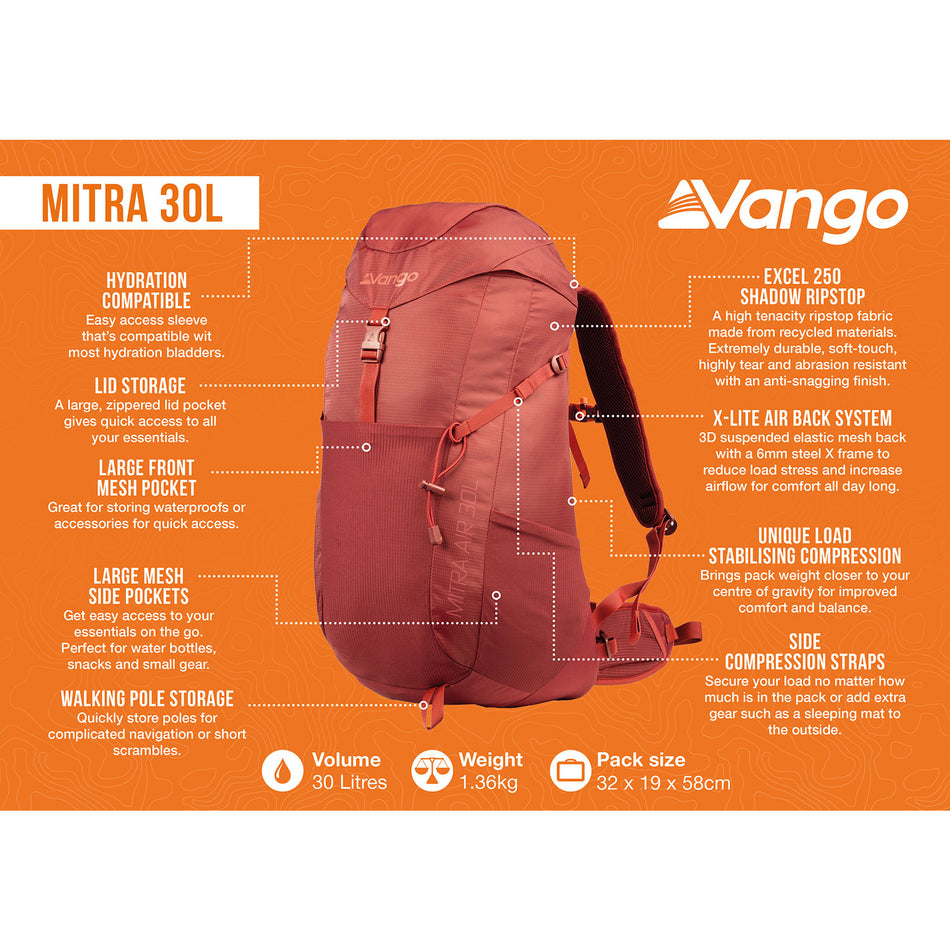 Vango Mitra Air 30L Rucksack - Cranberry Camping Accessories Vango