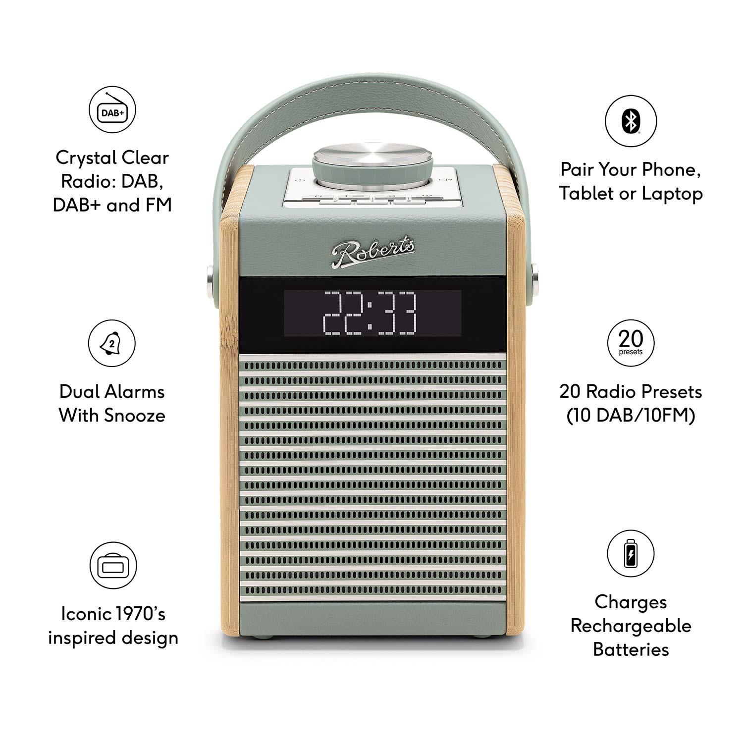 Roberts Rambler Midi DAB/DAB+/FM Bluetooth Digital Radio in Duck Egg Digital Radios Roberts