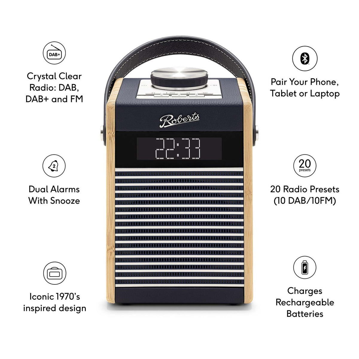 Roberts Rambler Midi DAB/DAB+/FM Bluetooth Digital Radio in Navy Blue Digital Radios Roberts