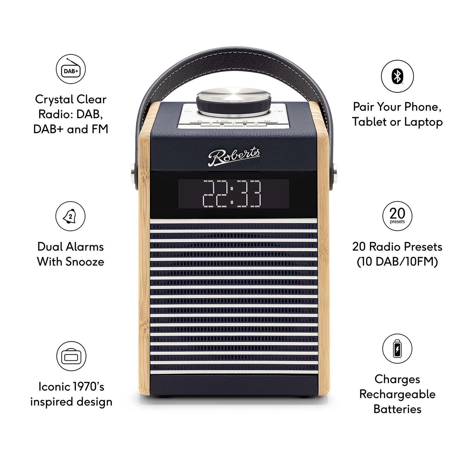 Roberts Rambler Midi DAB/DAB+/FM Bluetooth Digital Radio in Navy Blue Digital Radios Roberts