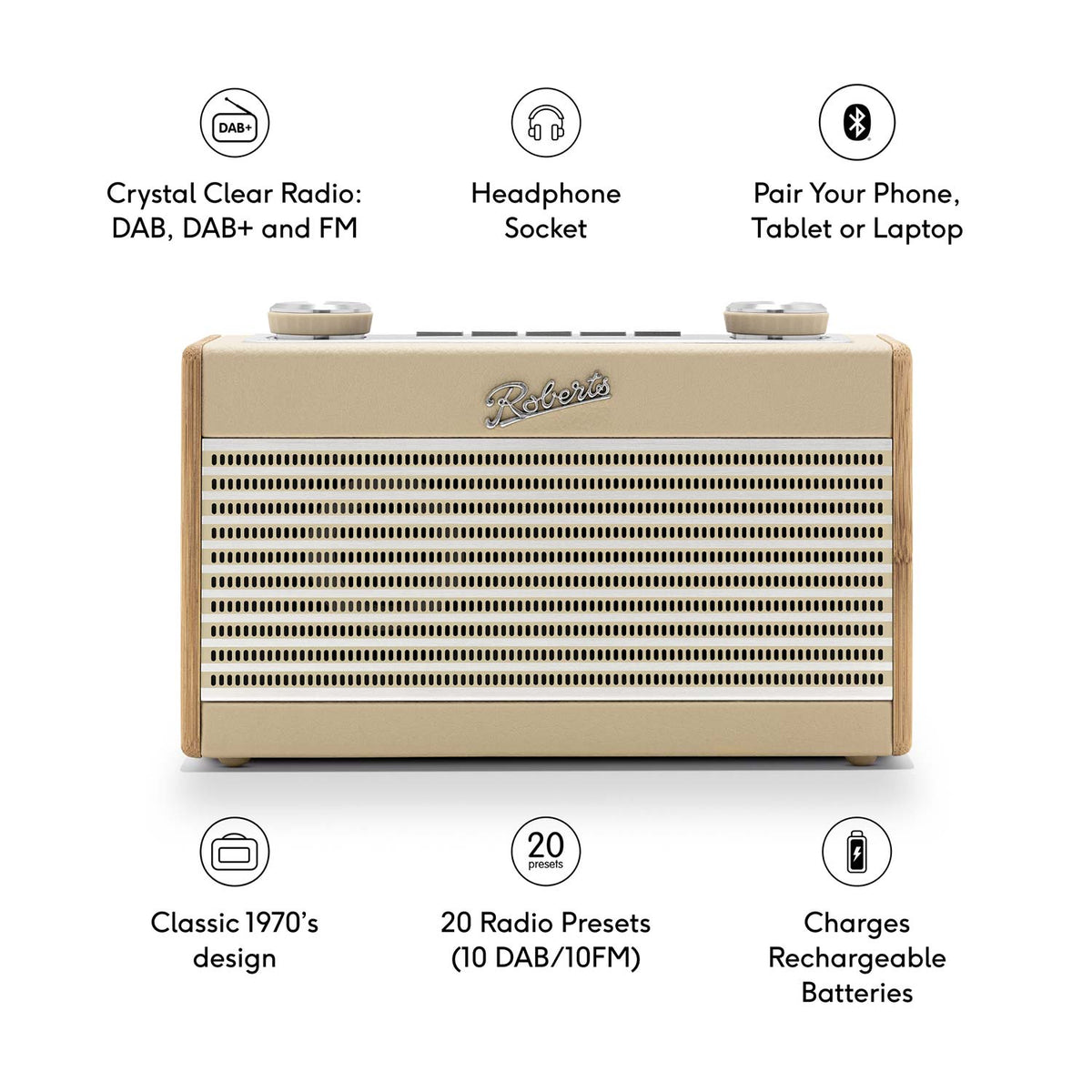 Roberts Rambler Uno DAB/DAB+/FM Bluetooth Digital Radio in Pastel Cream Digital Radios Roberts