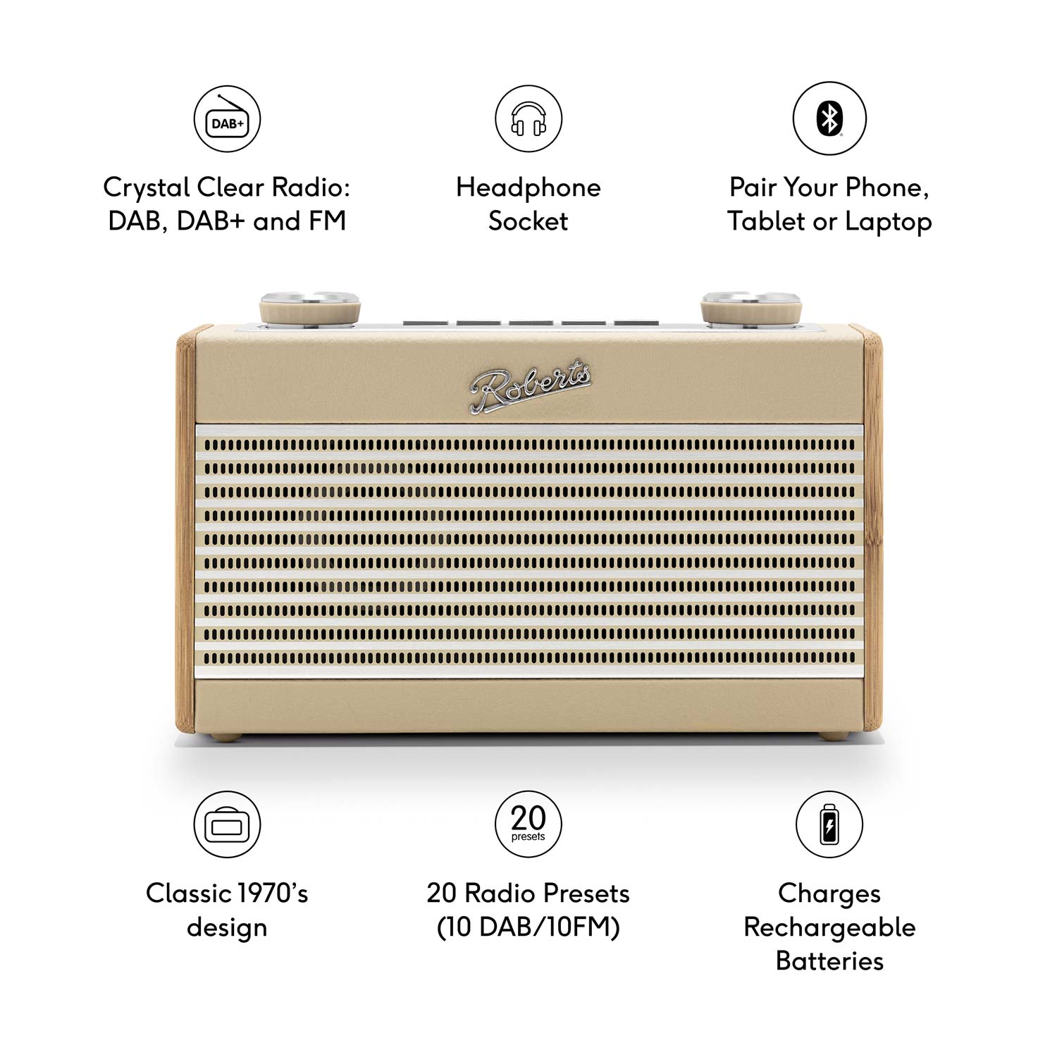 Roberts Rambler Uno DAB/DAB+/FM Bluetooth Digital Radio in Pastel Cream Digital Radios Roberts