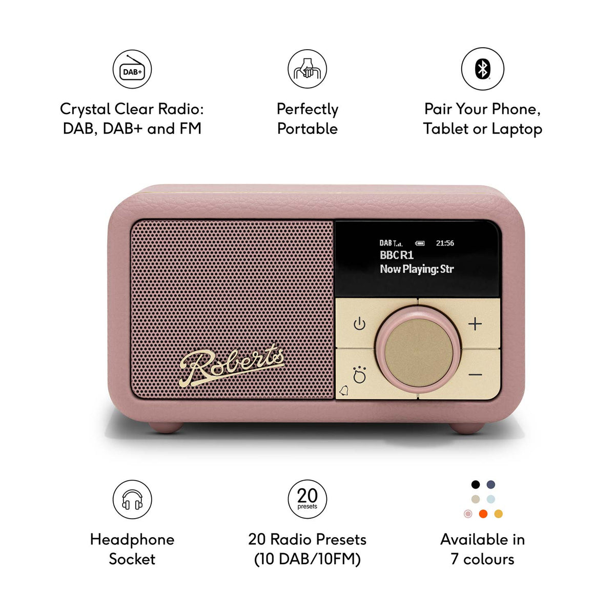 Roberts Revival Petite 2 DAB Radio & Portable Bluetooth Speaker in Dusky Pink Digital Radios Roberts