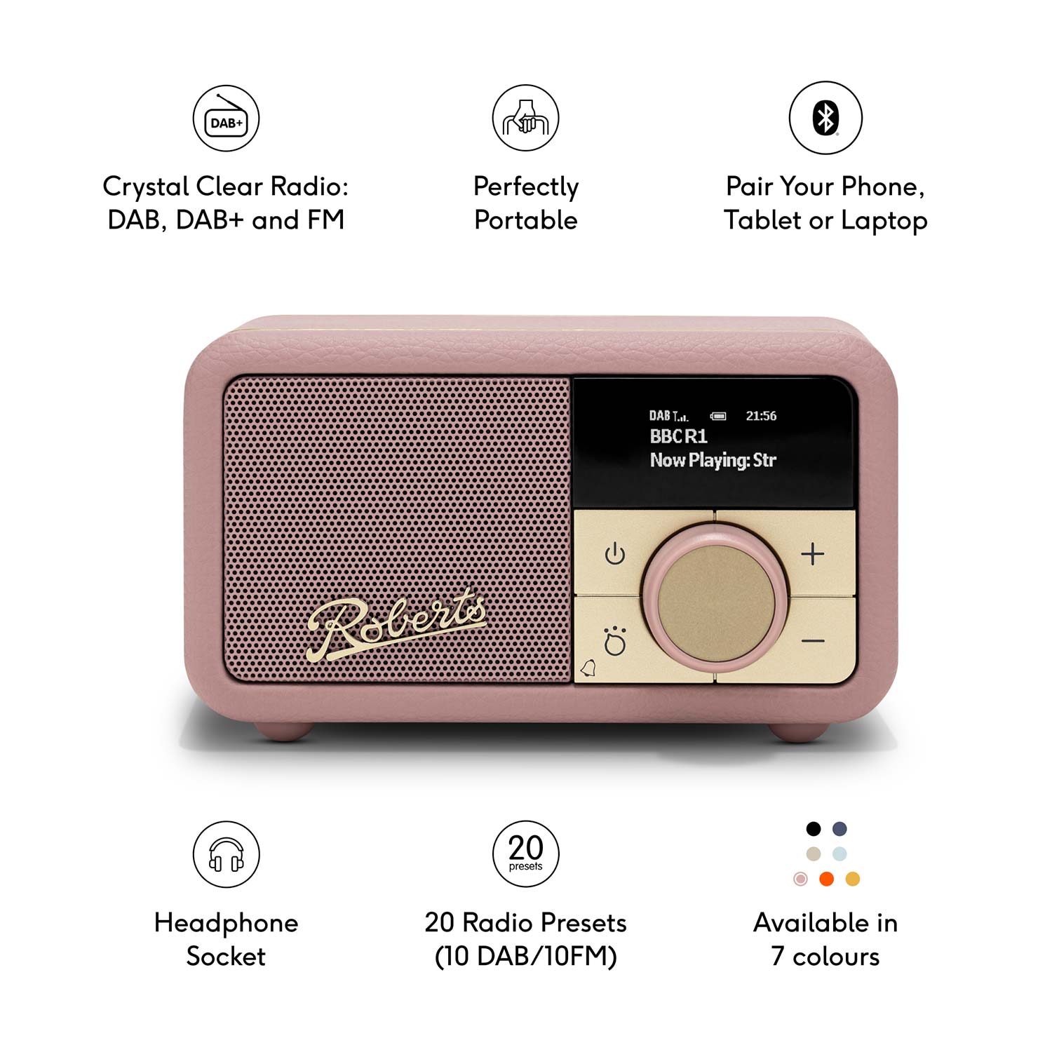 Roberts Revival Petite 2 DAB Radio & Portable Bluetooth Speaker in Dusky Pink Digital Radios Roberts