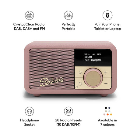 Roberts Revival Petite 2 DAB Radio & Portable Bluetooth Speaker in Dusky Pink Digital Radios Roberts