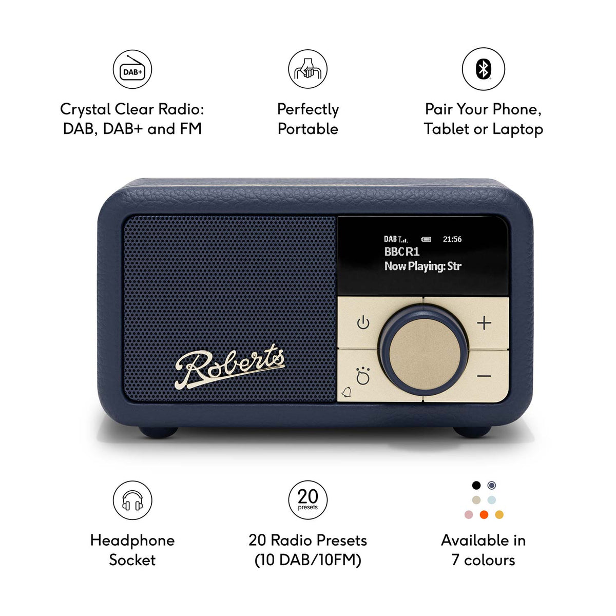 Roberts Revival Petite 2 DAB Radio & Portable Bluetooth Speaker in Midnight Blue Digital Radios Roberts