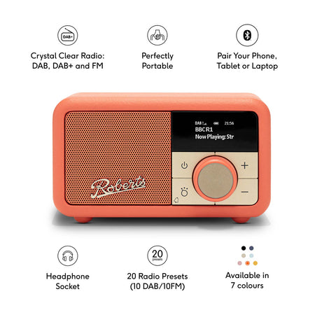 Roberts Revival Petite 2 DAB Radio & Portable Bluetooth Speaker in Pop Orange Digital Radios Roberts