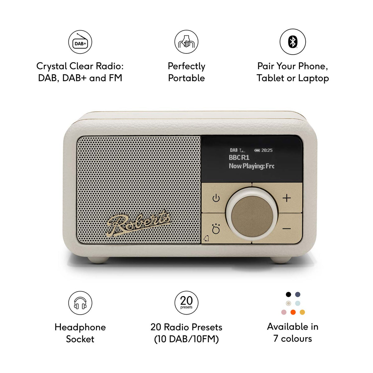 Roberts Revival Petite 2 DAB Radio & Portable Bluetooth Speaker in Pastel Cream Digital Radios Roberts