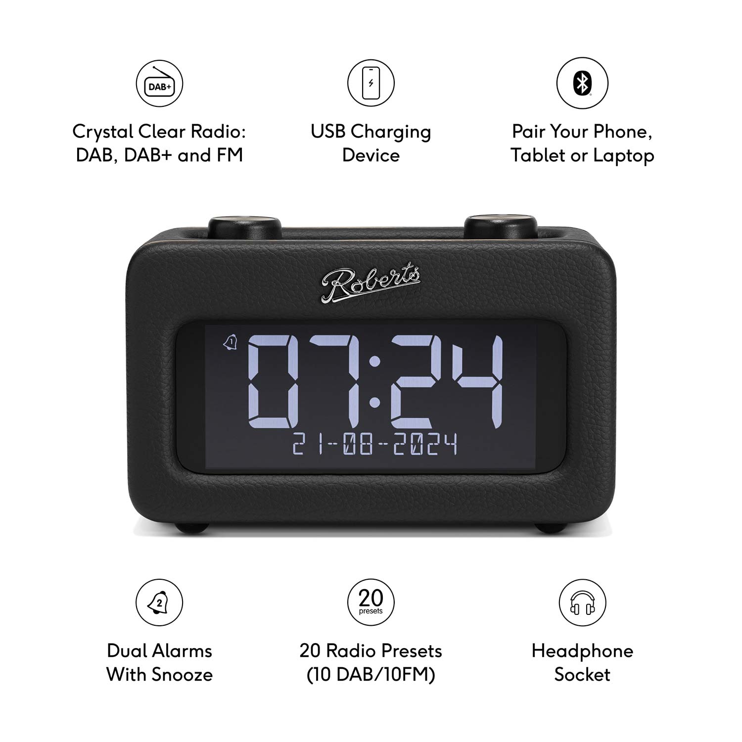 Roberts Revival Rest DAB Radio Alarm Clock, Black Digital Radios Roberts