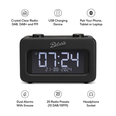 Roberts Revival Rest DAB Radio Alarm Clock, Black Digital Radios Roberts