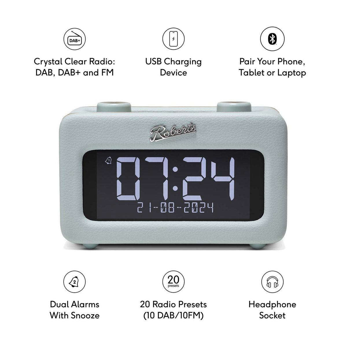 Roberts Revival Rest DAB Radio Alarm Clock, Duck Egg Digital Radios Roberts