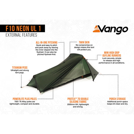 Vango F10 Neon UL 1 Ultralight 1-Person Tent Tents Vango