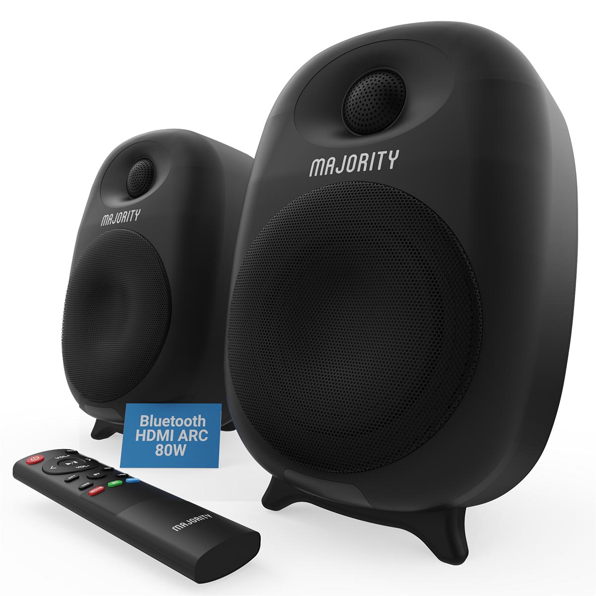 Majority D80 Bookshelf Speakers 80W HDMI ARC USB AUX OPT SPK OUT Remote Control 3.5mm Speakers Majority