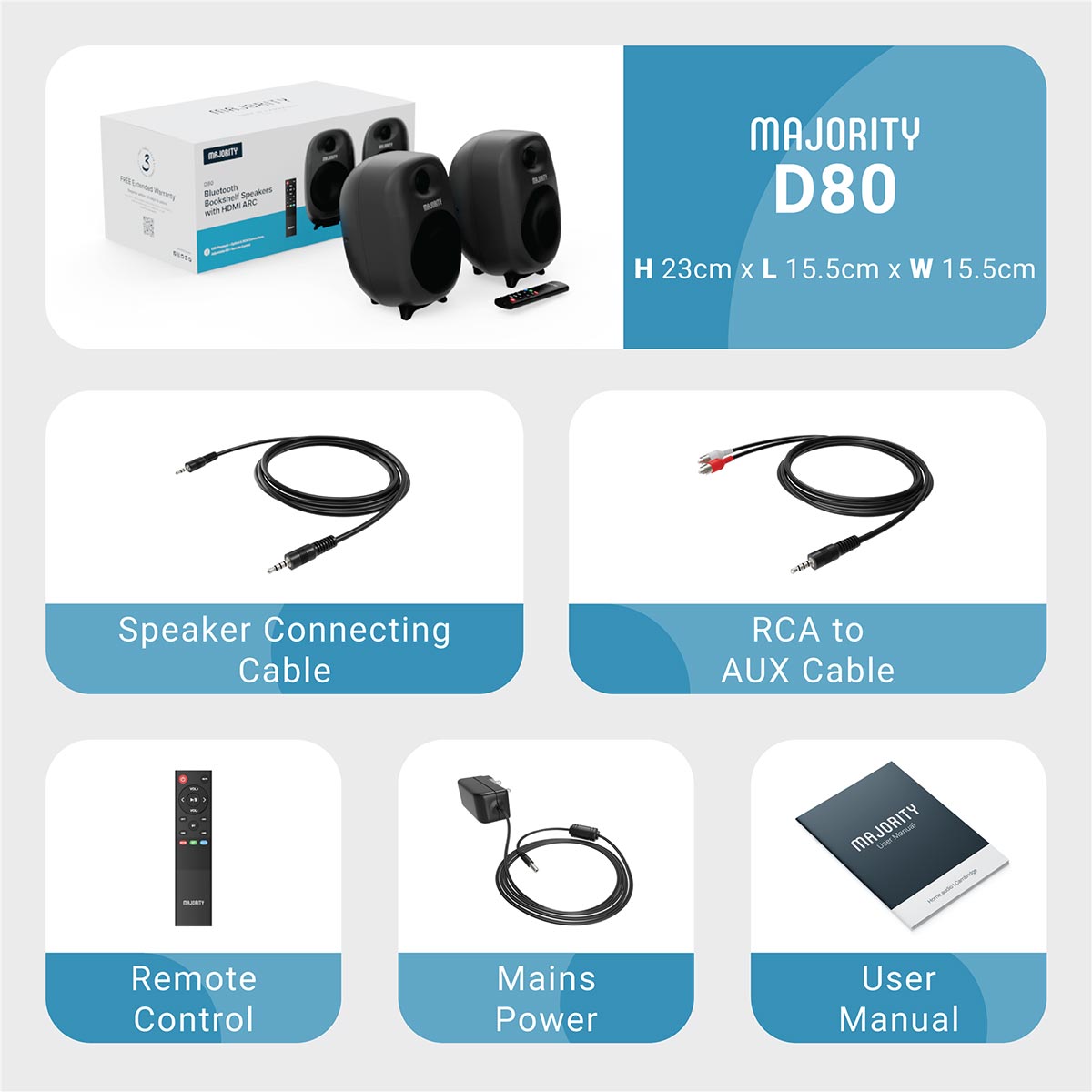 Majority D80 Bookshelf Speakers 80W HDMI ARC USB AUX OPT SPK OUT Remote Control 3.5mm Speakers Majority