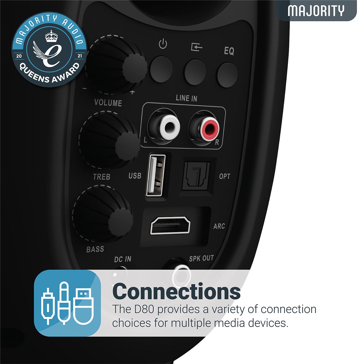 Majority D80 Bookshelf Speakers 80W HDMI ARC USB AUX OPT SPK OUT Remote Control 3.5mm Speakers Majority