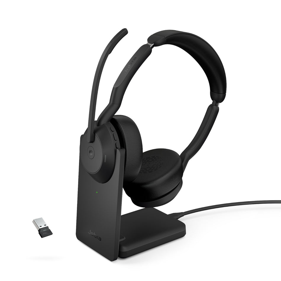 Jabra Evolve2 55 USB-A UC Stereo Wireless headset in Black with Charging Stand