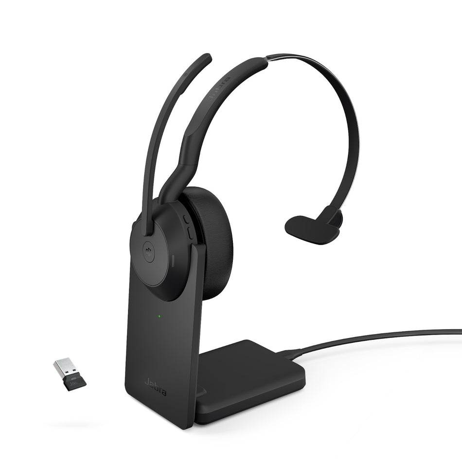 Jabra Evolve2 55 USB-A UC Mono Wireless headset in Black with Charging Stand