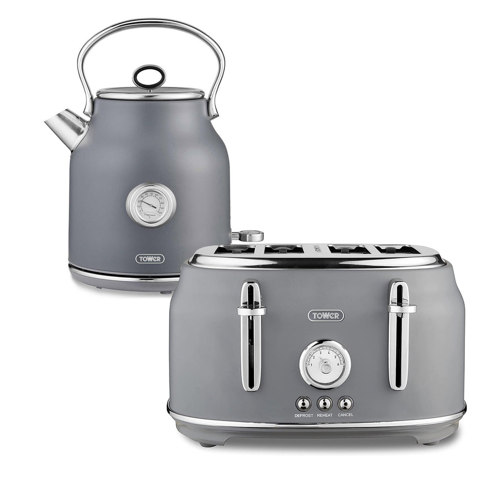 Tower Renaissance 4-Slice Toaster & Kettle Set in Grey Kettle and Toaster Bundles Tower   