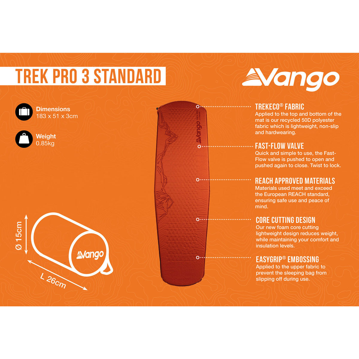 Vango Trek Pro 3 Standard Sleeping Mat - Tango Red Camping Accessories Vango